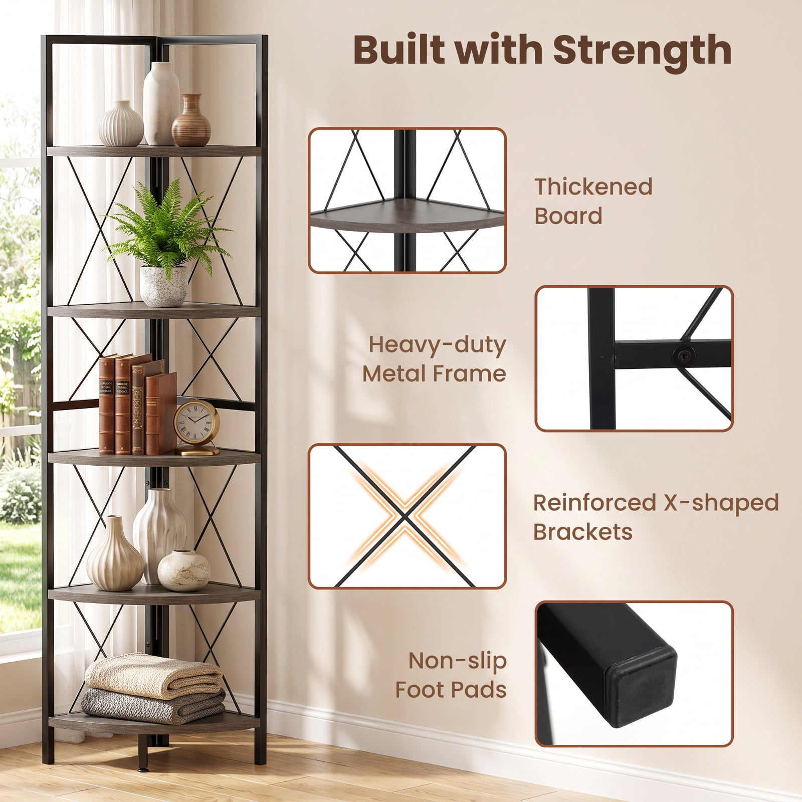 Furnibear 5-Tier Freestanding Corner Shelf 63 Inch Tall Storage Rack for Living Room Home Office Bedroom Display Storage Shelf, Oak