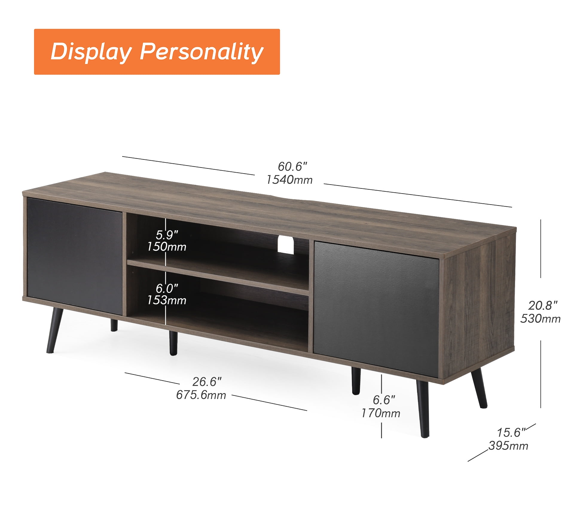 LED Mid Century Modern TV Stand for 65 inch Flact Screen, Wood TV Cabinet Media Console with Storage Black/Brown