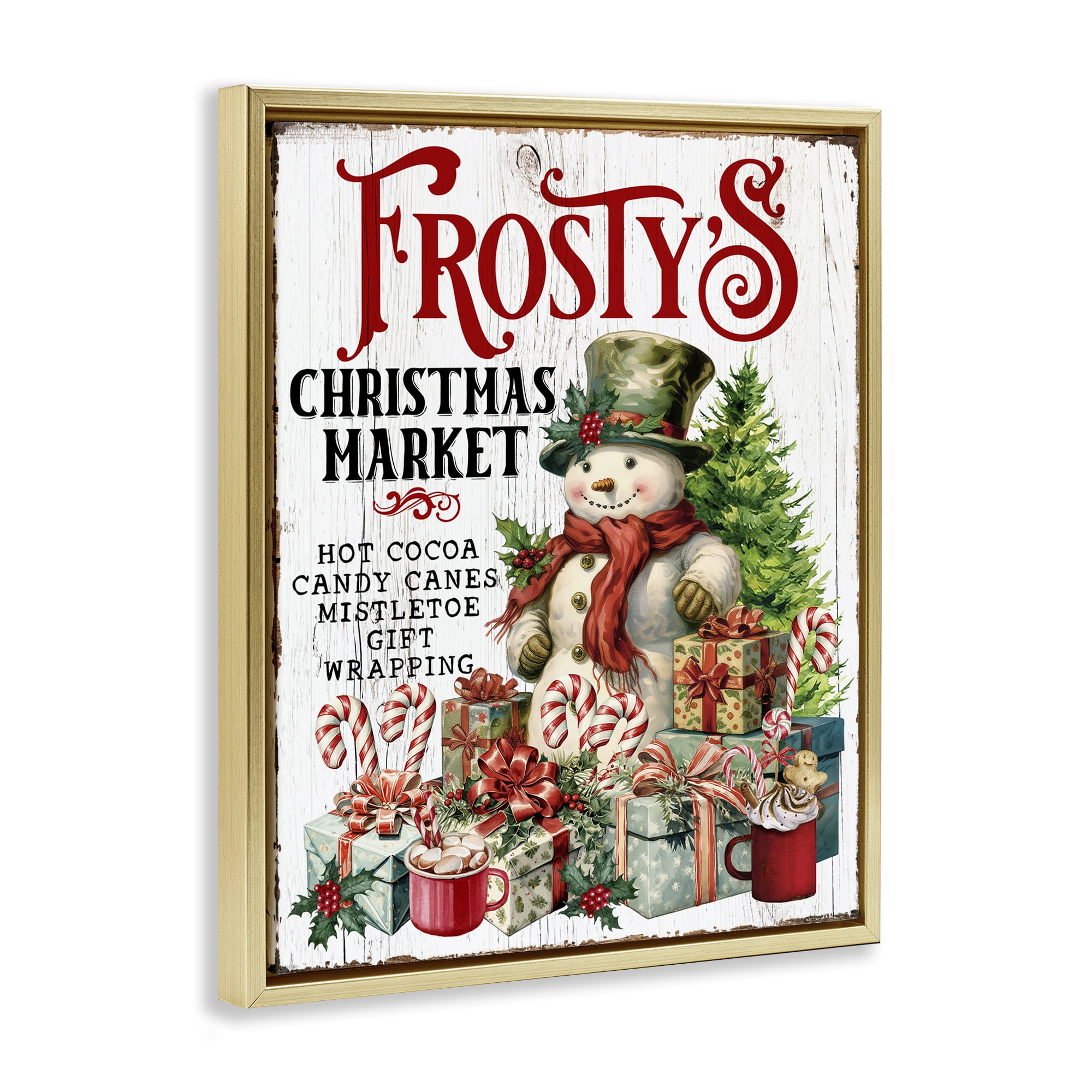 Stupell Industries Frosty's Christmas Market Holiday Painting Gold Floater Framed Canvas Art Prints Wall Art, 25 x 31