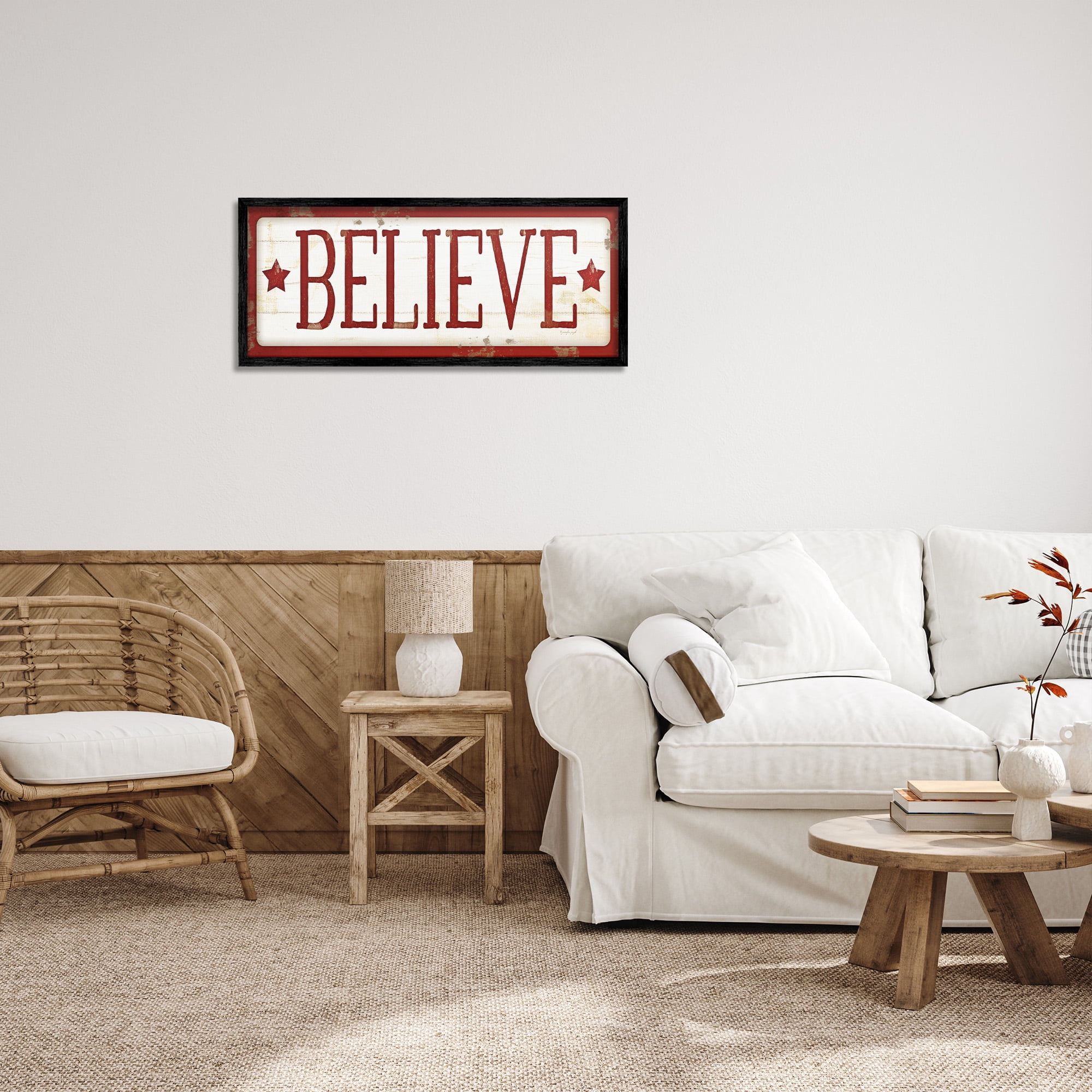 Stupell Industries Believe Red Christmas Phrase Holiday Painting Black Framed Art Print Wall Art, 30 x 13