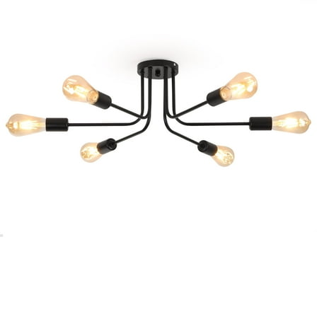 HALIGATE 6 Lights Sputnik Semi Flush Mount Ceiling Light Matte Black Modern Edison Chandelier Industrial Close to Ceiling Light for Farmhouse Dining Room Kitchen Bedroom Living Room Study