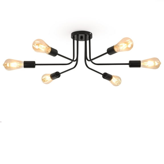 HALIGATE 6 Lights Sputnik Semi Flush Mount Ceiling Light Matte Black Modern Edison Chandelier Industrial Close to Ceiling Light for Farmhouse Dining Room Kitchen Bedroom Living Room Study
