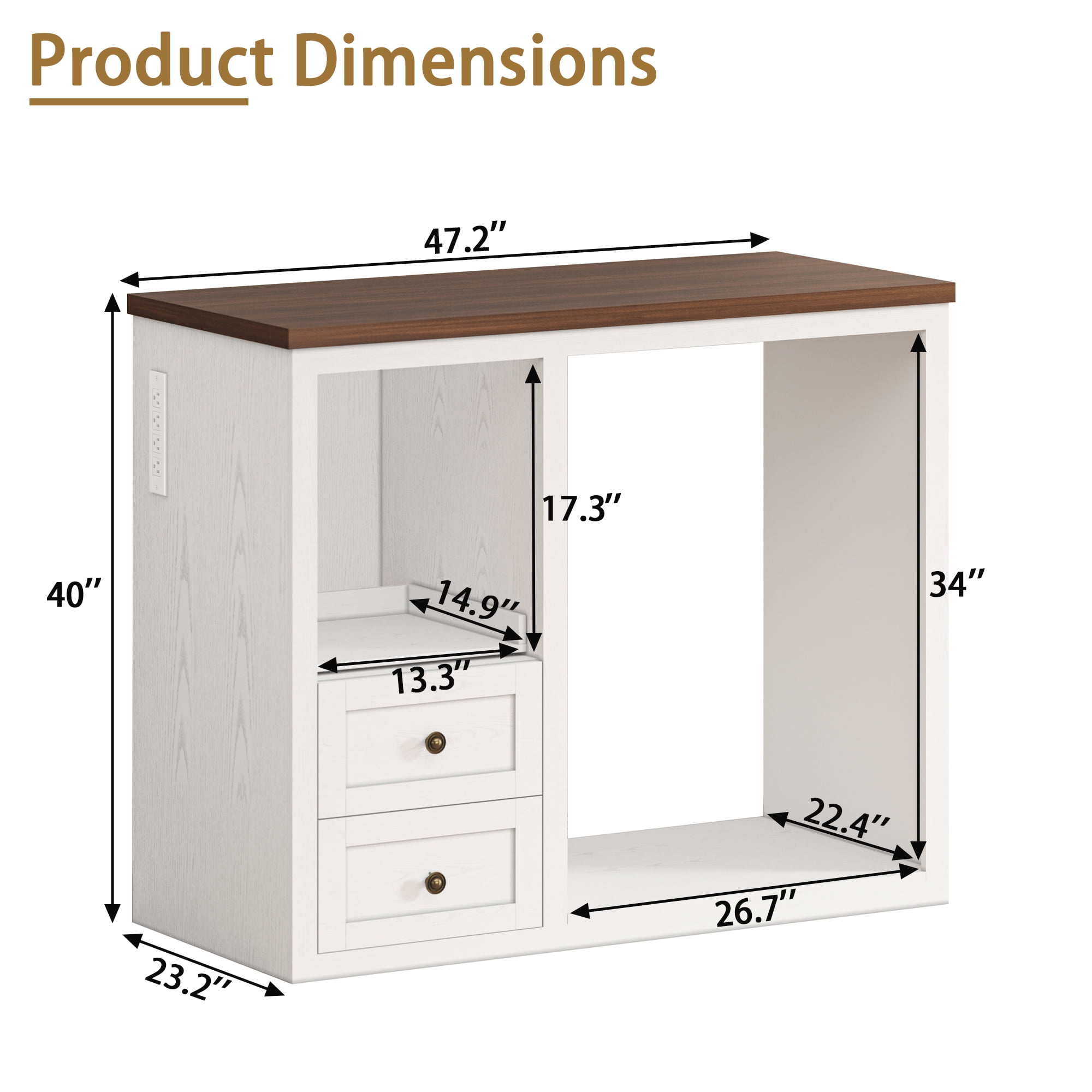 JassmiPkwy Mini Fridge Stand with Built-in Storage, Coffee Bar Cabinet with 2 Drawers & Power Outlet, for Coffee Maker, Microwave, White