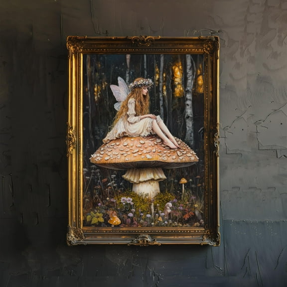 Fairy on a Mushroom Art Print Cottagecore & Dark Academia Decor Whimsical Woodland Wall Art Vintage Nature Poster for Enchanted Interiors Poster Unframed