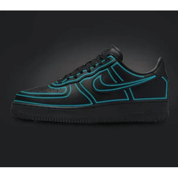 Custom Ni&ke Air Force 1 Black Shoes Turquoise Blue Cartoon Outline Mens Womens
