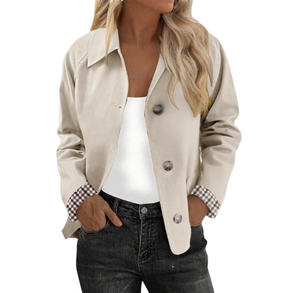 VISALY Women Oversized Trench Coat Plaid Lined Lapel Long Sleeve Button Down Casual Crop Jacket Fall Lightweight Trendy Outwear with Pockets Beige L