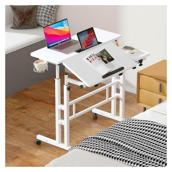 Standing Desk Adjustable Height, Stand Up Desk with Cup Holder, Mobile Laptop Desk,Sit-Stand Desk Cart Mobile Computer Desk Stand Up Desk,31.5 Inch,White