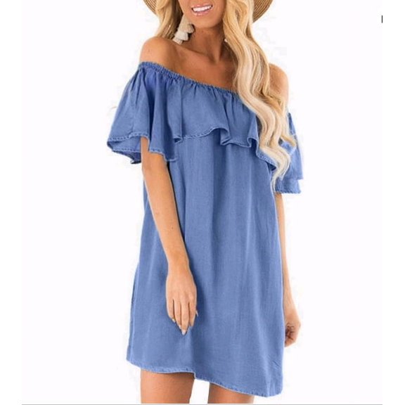 Women's Blue Jean Dress Off Shoulder Ruffle Short Sleeve Loose Denim Mini Dress with Pocket SIZE M