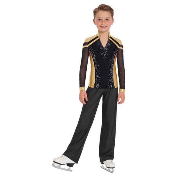 TSSOE Kids Boys Figure Ice Skating Clothing Sets Sparkly Dance Outfit Rhinestone Top And Pants Training Suits Gold Black 12