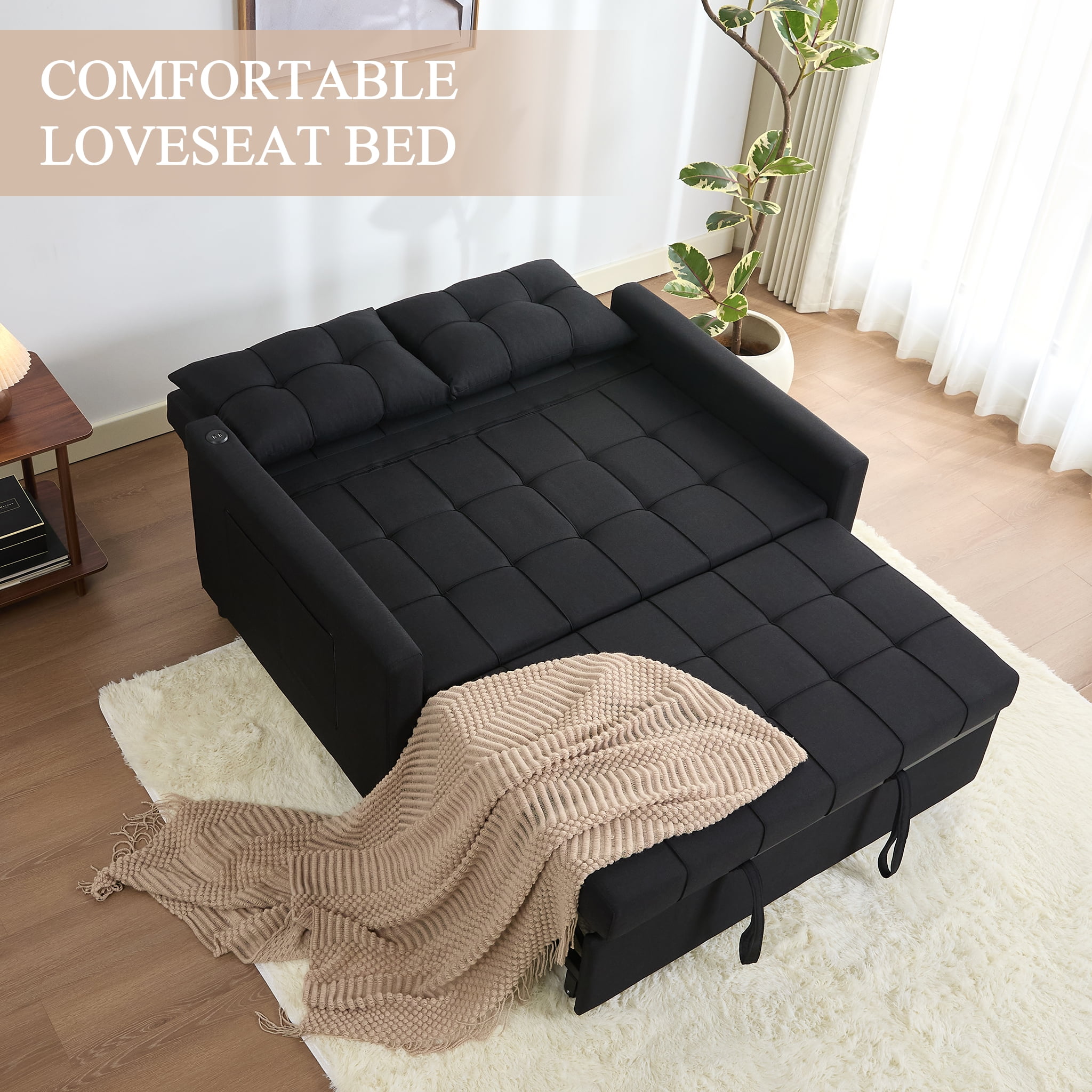 LAKPS 52" Linen 3-in-1 Convertible Sleeper Sofa with Pull-Out Bed, Stepless Adjustable Backrest & Side Pocket - for Family, Living Room, Dorm, Apartment, Linen, Black