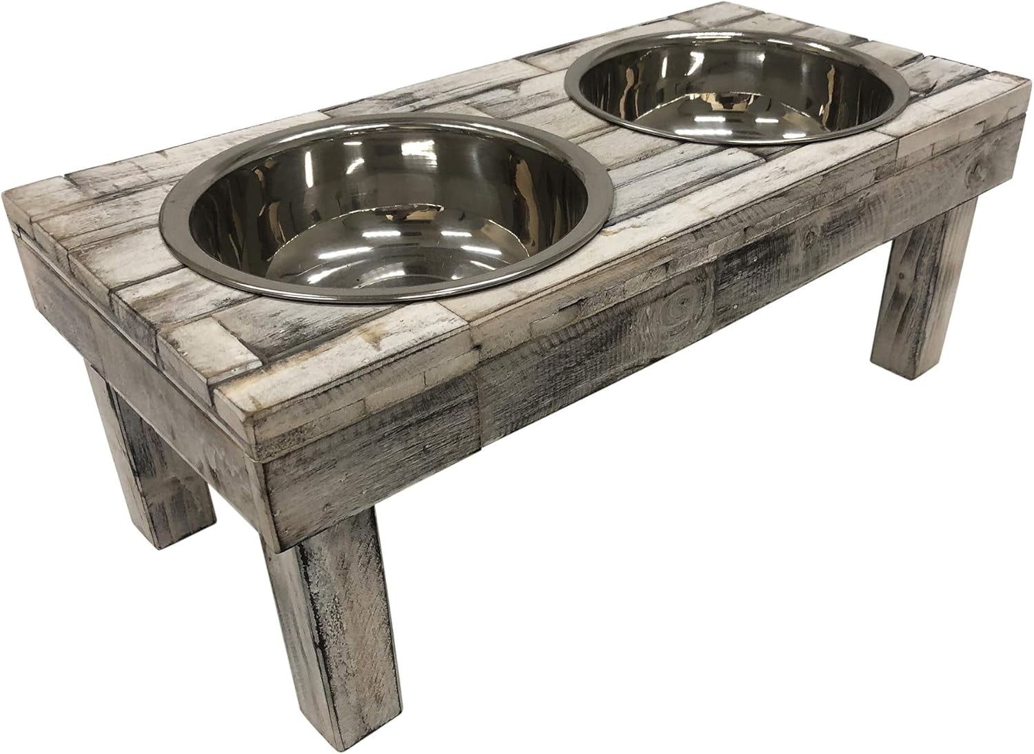 Huntley Pet Berjen Table Elevated Double Bowl Feeder, White Wash (Large)