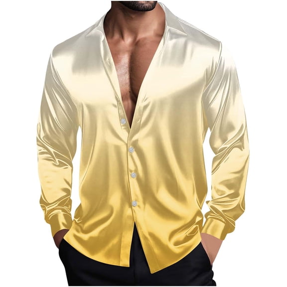 Men's Satin Dress Shirt Ombre Silk Long Sleeve Button Down Shirts Formal Casual Business Prom Wedding Party Shirt