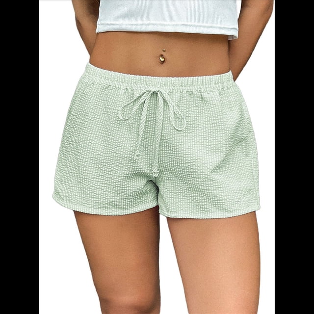 Pantalones Cortos Tipo Bóxer de Verano con Cintura Elástica, Cordón Ajustable y Estampado de Rayas para Mujer. Verde S
