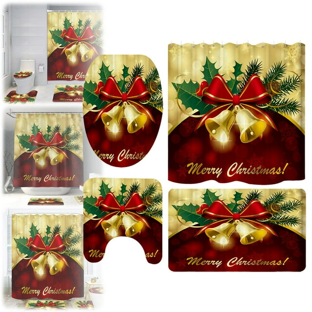 Décorations de Noël Produits de Salle de Bain Extérieurs Ensemble de Rideau de Douche de Noël 4 Pcs avec Tapis Ensembles de Salle de Bain avec Douche Buse de Douche