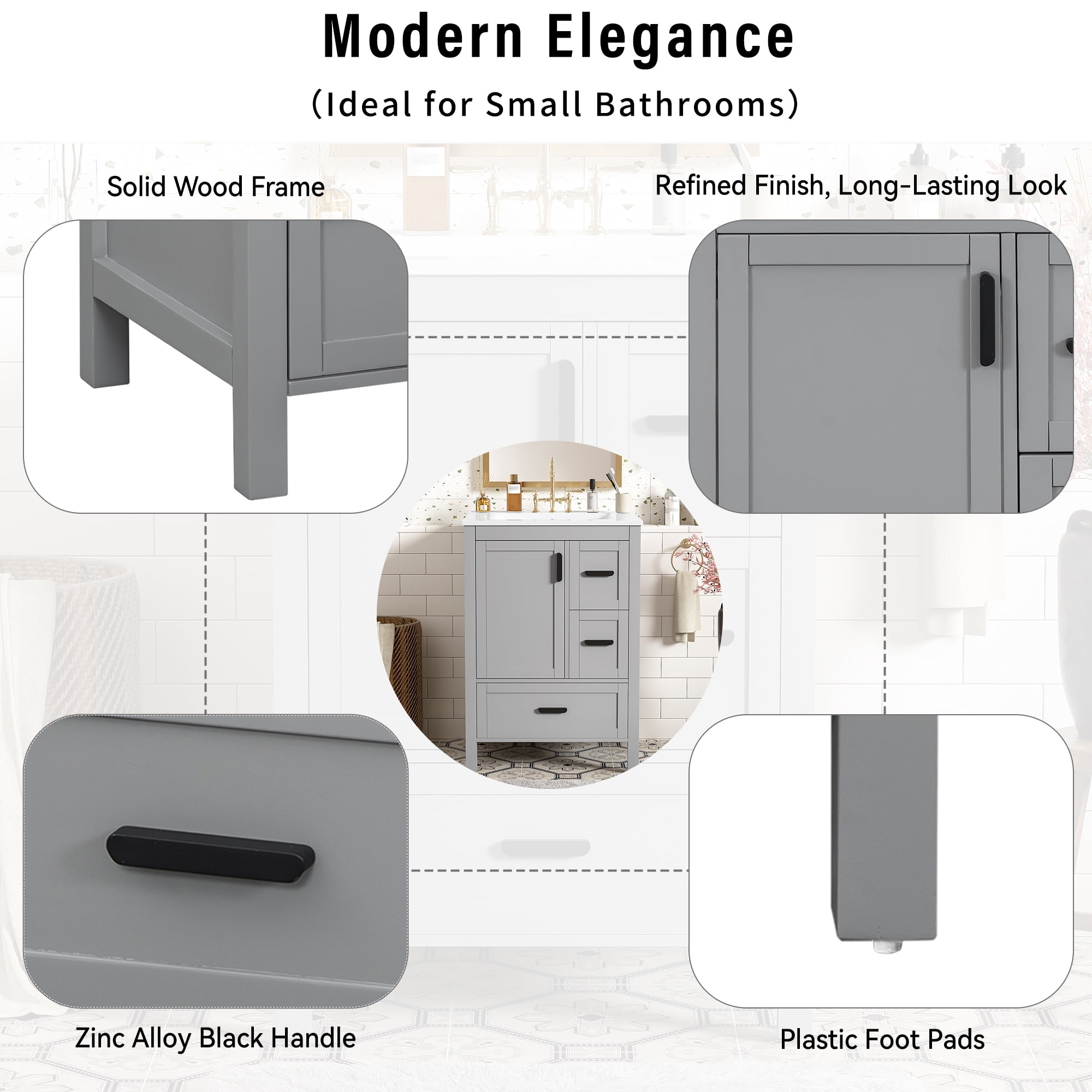 Euroco Modern 24-inch Bathroom Vanity with Ceramic Sink, Soft-Close Door, Double-Layer Door Shelf, and 3 Drawers