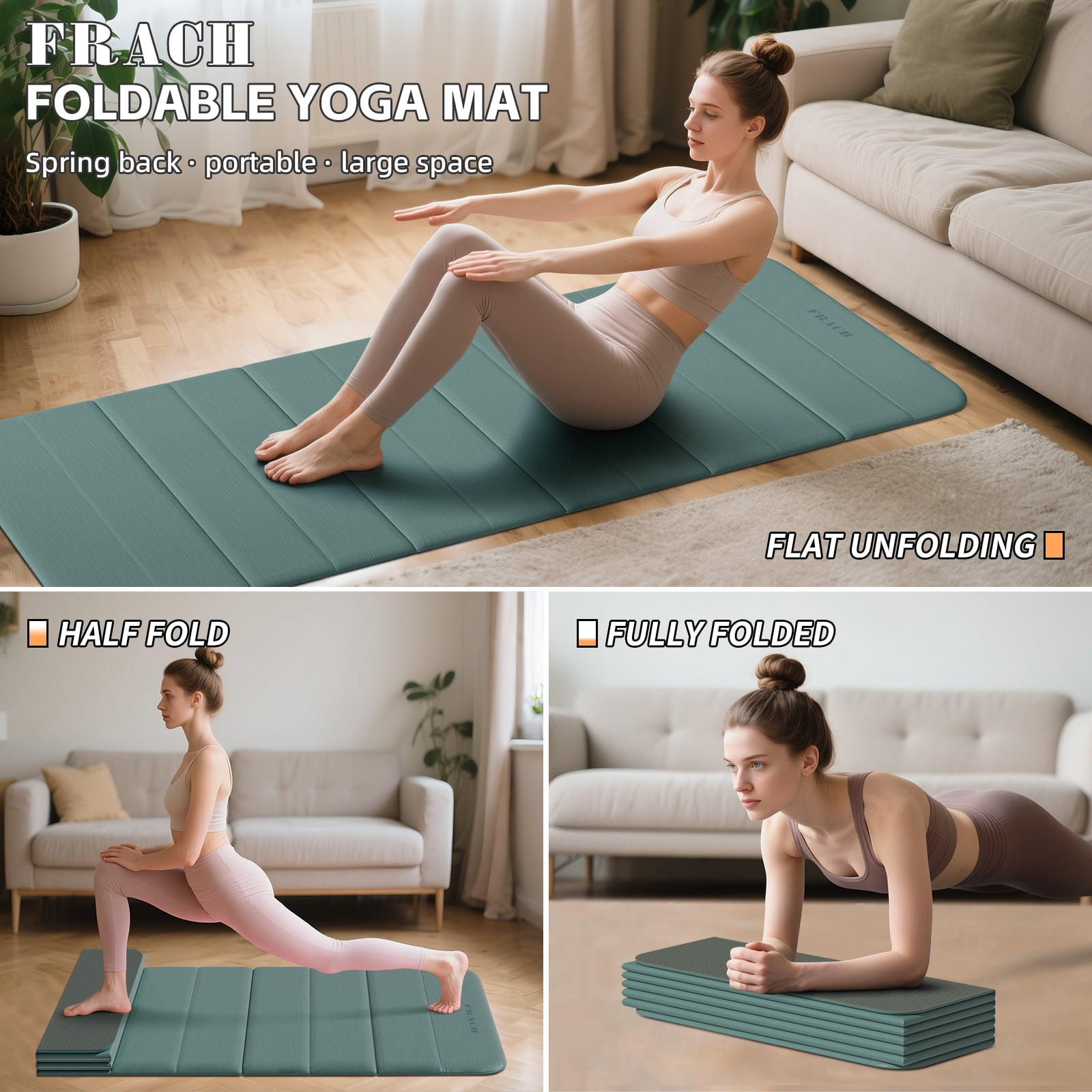 Frach Foldable Yoga Mat Extra Long 75",0.4" Thick Exercise Mat,Muti-fundctional,High-Density for Gym and Travel,Indoor and Outdoor(Green+Gray)