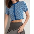 thumbnail image 2 of JYYYBF Women's Stripes Print Crop Tops Short Sleeve Crew Neck Slim Fit Button Down T-Shirts Summer Cardigan for Young Lady, 2 of 9