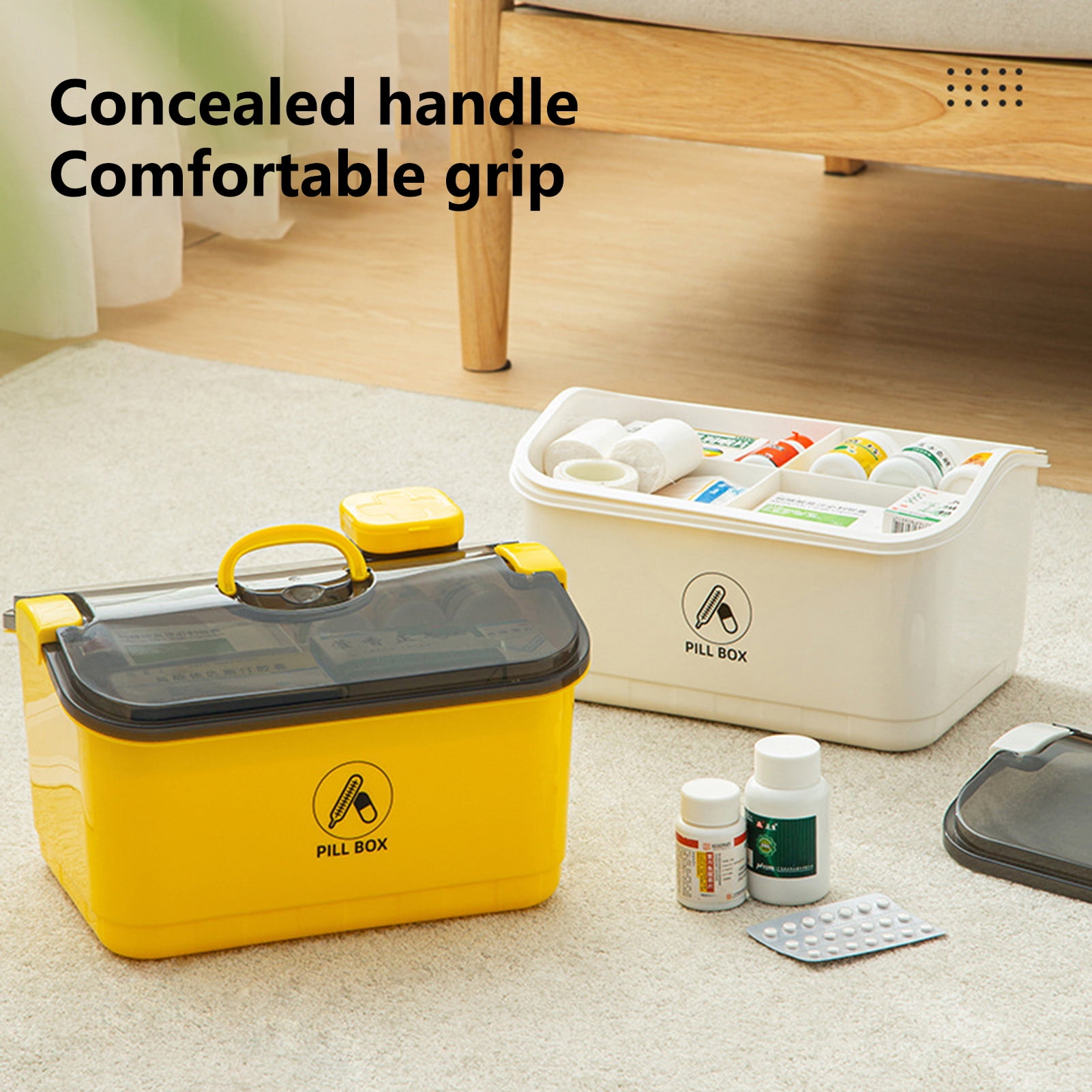 Hesroicy Pill Box Durable Large Capacity Hidden Handle Portable Family Emergency Kit Storage