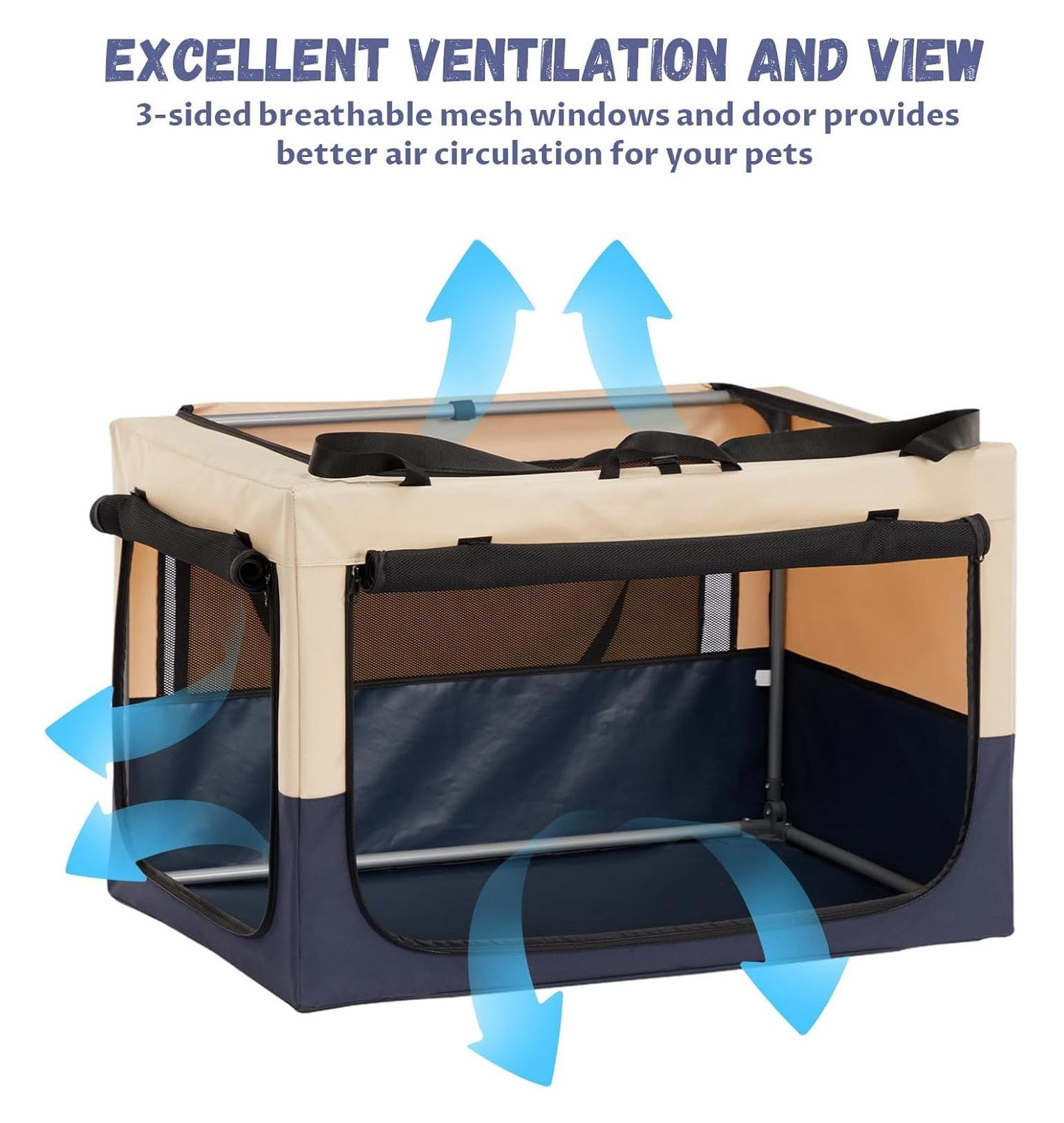 30" Soft Portable Dog Crate – Patented Spiral Sturdy Frame, Collapsible Travel Kennel for Medium Dogs, 3 Mesh Door, Lockable Zippers, Indoor & Car Use Navy Blue