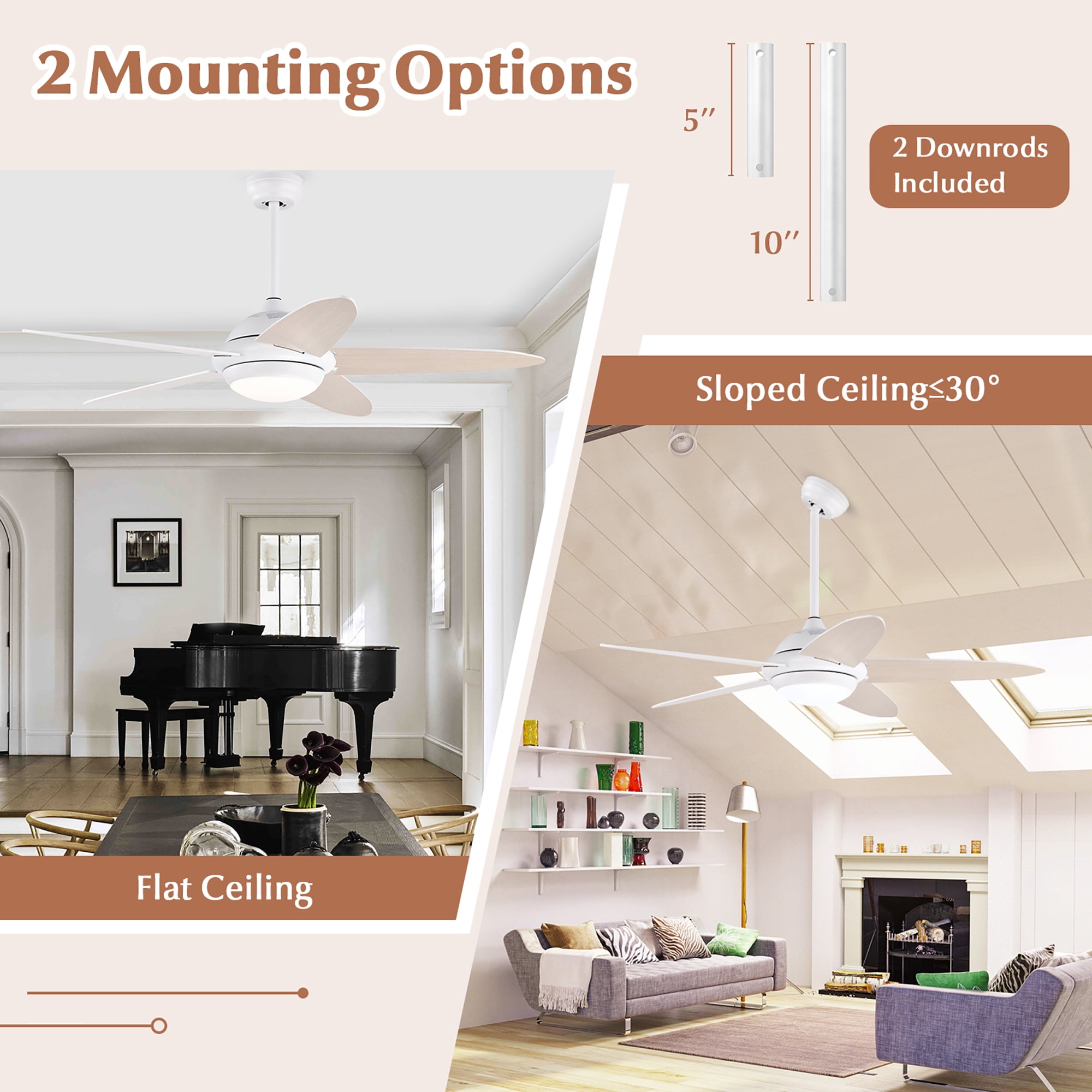 Costway 52'' Ceiling Fan with LED Lights & Remote Control 1/2/4/8H Timer & 3 Fan Speeds