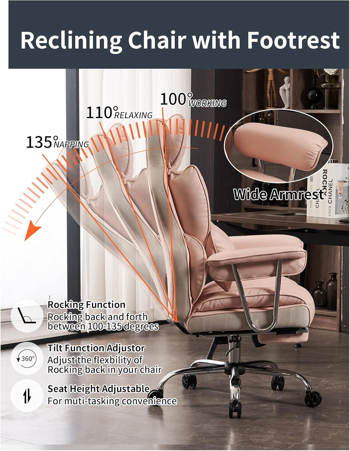 Woodty Executive Chair, PU Leather, High Back & Lumbar Support, Adjustable Armrests, Pink