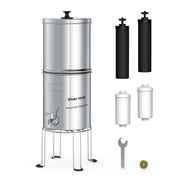 Waterdrop Upgrade Gravity-fed Water Filter System, with Silver Ions Enhanced Filtration, Reduces Fluoride and up to 99% of Chlorine, with 4 Filters and Metal Spigot, 2.25G