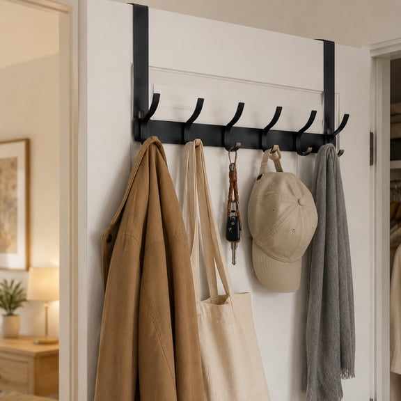 Over The Door Hooks, BUSATIA Door Hanger Hooks for Hanging, Over The Door Towel Racks for Bathroom with 14 Coat Hooks, Over The Door Hanger for Coats and Towels, Black