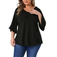 thumbnail image 1 of Blusa elegante casual de mujer plus size con volantes de 3/4 de manga y escote en V, tamaño 3X, color negro, 1 of 6