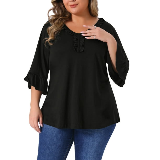 Blusa elegante casual de mujer plus size con volantes de 3/4 de manga y escote en V, tamaño 3X, color negro