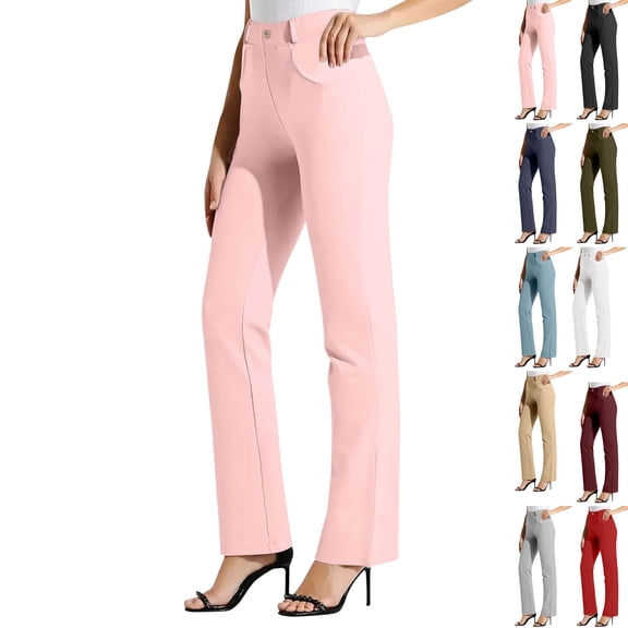 Gmluru Yoga Pants for Women Pink Solid Color Elastic Waist Casual Button Pockets Casual Loose Straight Leg Pants Tummy Control, Non-See-Through S-2XL