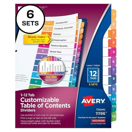 12 Tab Dividers for 3 Ring Binders, Customizable Table of Contents, Multicolor Tabs, 6 Sets (11196)