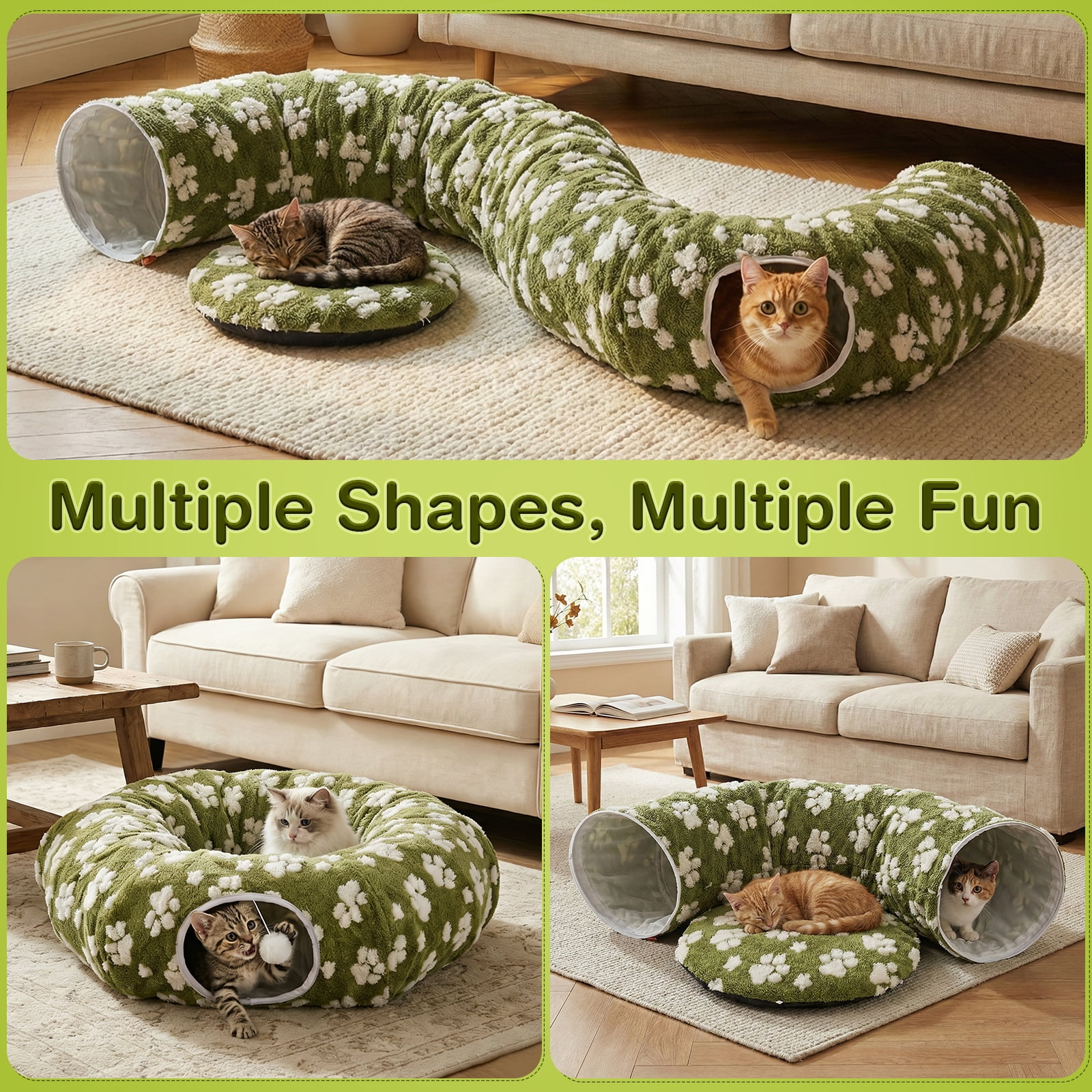 Hutact 3-in-1 Cat Tunnel with Cushion, 34" Soft Pet Bed Collapsible Plush Donut Cat Cave Hideaway, Multi-Shape Tunnel, Peekaboo Playground Toys for Indoor Cats Kittens Sleep Play Exercise, Green