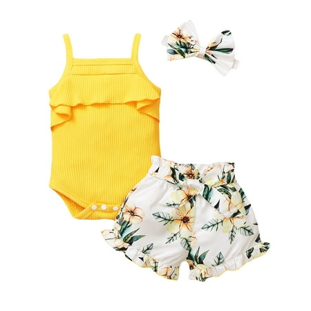 

Baby Girl Suspender Romper Bodysuit+Floral Print Shorts Headbands Outfits
