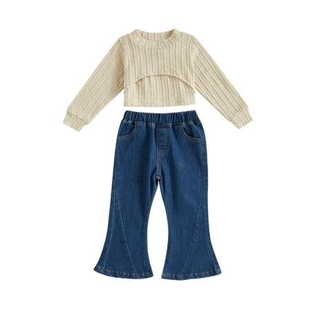 

Bmnmsl Girl Sets Long Sleeve High Neck Tops Solid Color Vest Denim Flared Pants