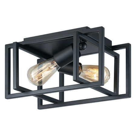 

Square Flush Mount Ceiling Light Fixture with Open Geometric Metal Frame for 2 Bulbs up to 40W Each Matte Black