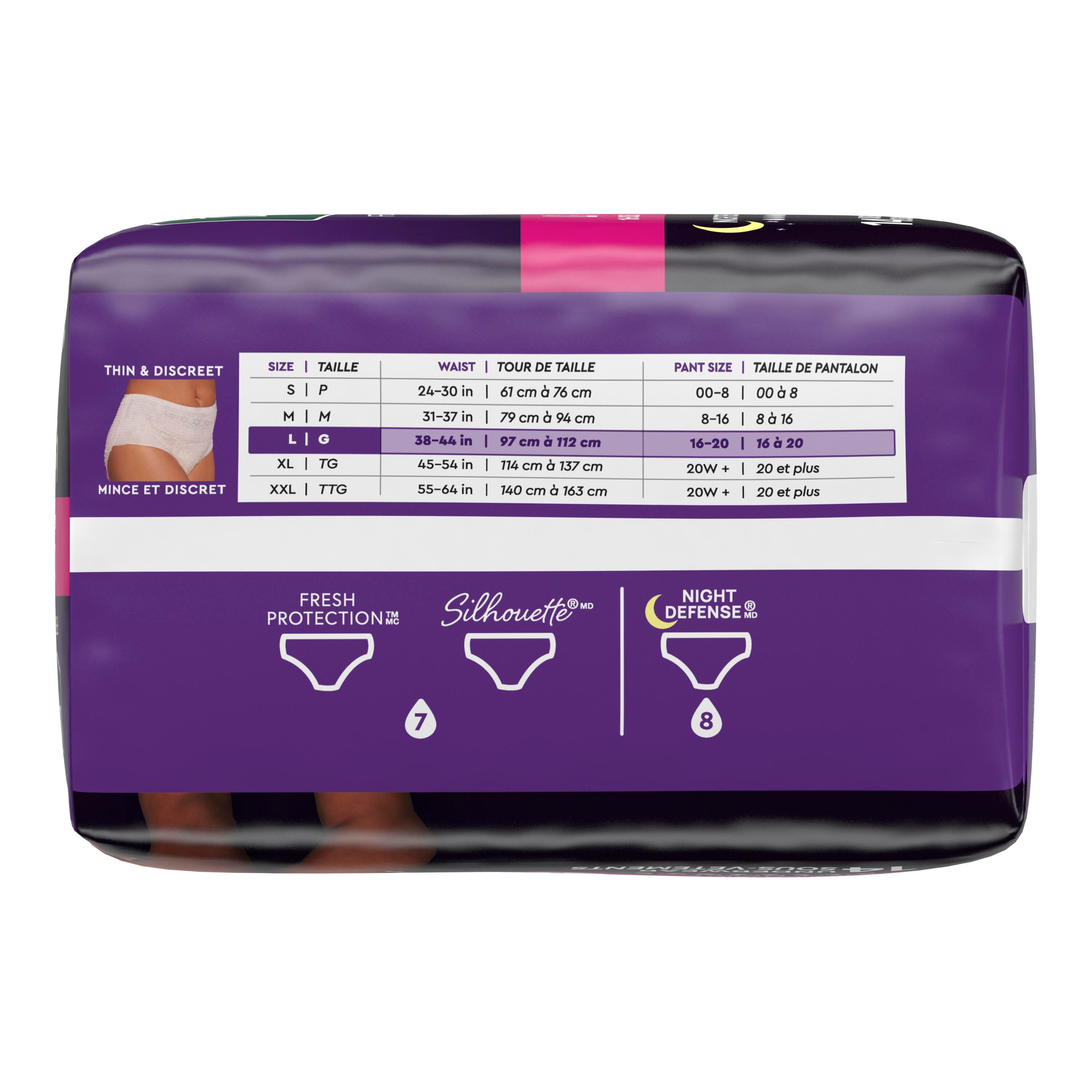 Sous-vêtements d’incontinence et fuites urinaires post-partum pour femmes adultes Depend Night Defense pour femmes, jetables, de nuit, grande taille, roses, 14 unités