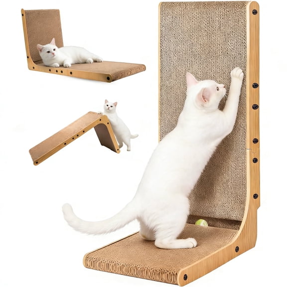BTideas Cat Scratcher Cardboard for Indoor, 27.5'' L Shape Wall Cat Scratching Pads with Ball(Brown)