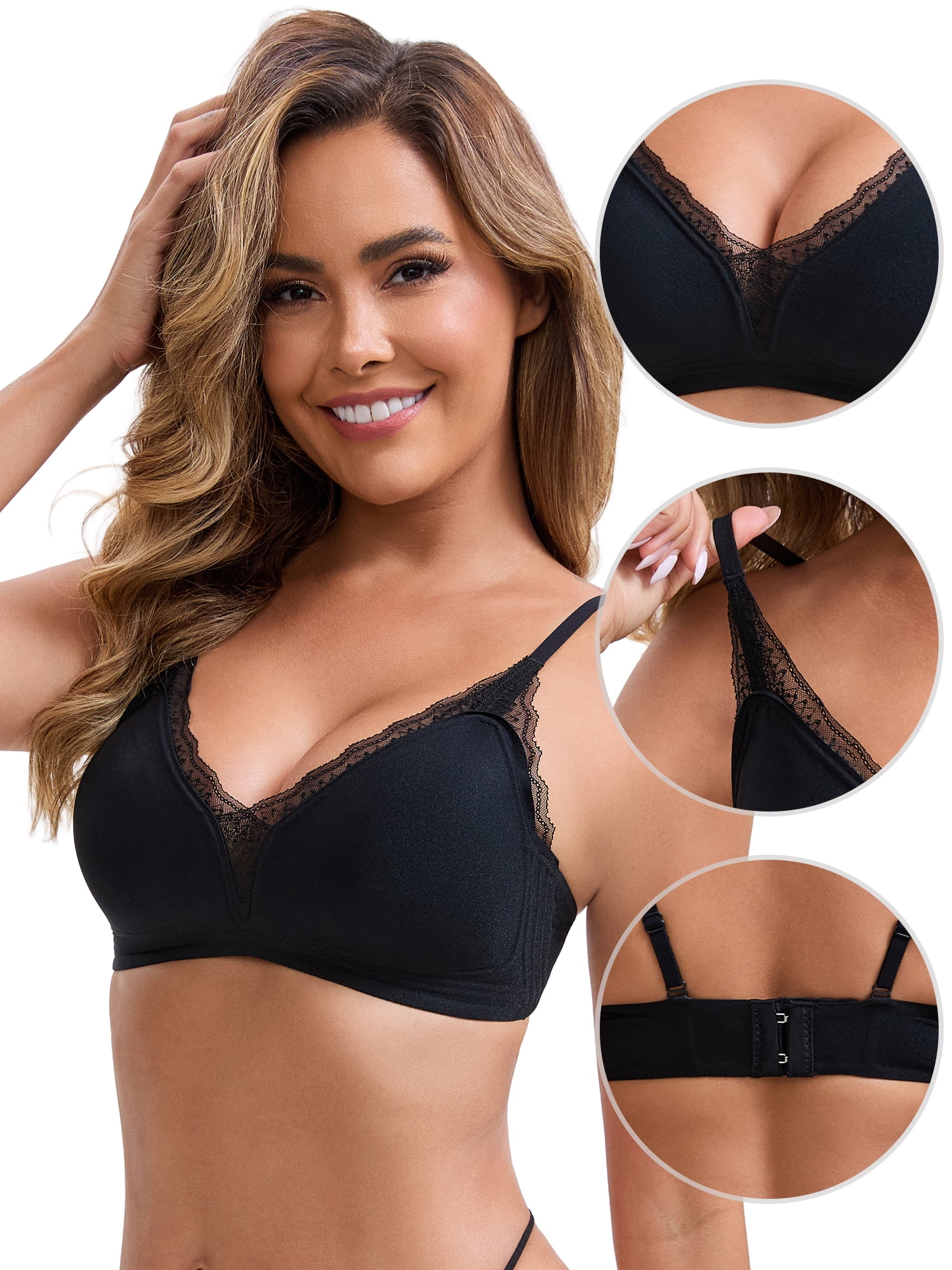 DARING DIVA Lace Trim Plunge Wireless Push Up Bra L Black