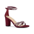 thumbnail image 1 of BLISSFUL STEP Women's Shoes Rhinestone Crisscross Strappy Block Heel Faux Suede Ankle Buckle Sandals Burgundy 9, 1 of 7