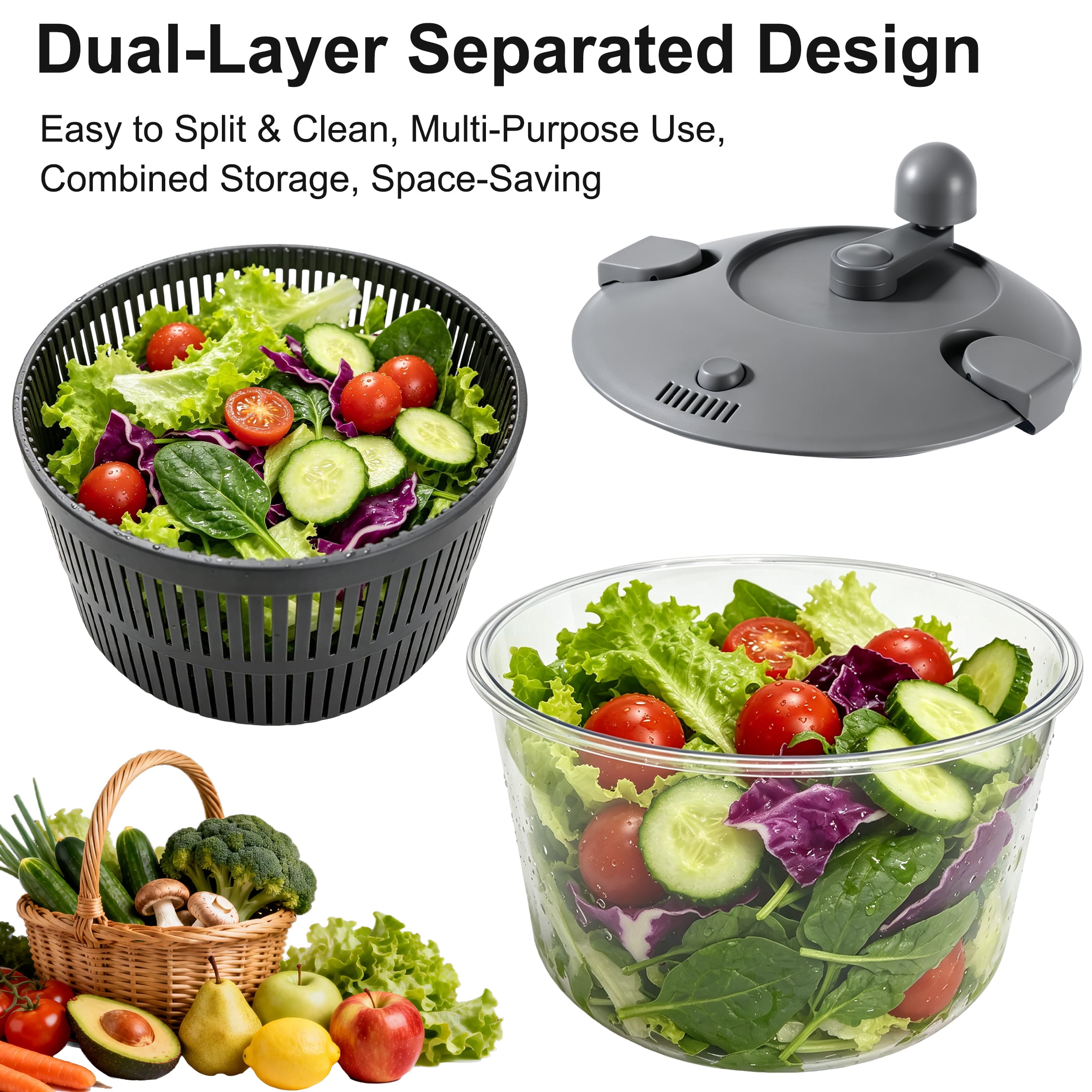 Large Salad Spinner 4.5L/4.8QT, Manual Crank Lettuce Dryer, Vegetable Washer with Locking Lid & Drain System for Fruit Greens Pasta