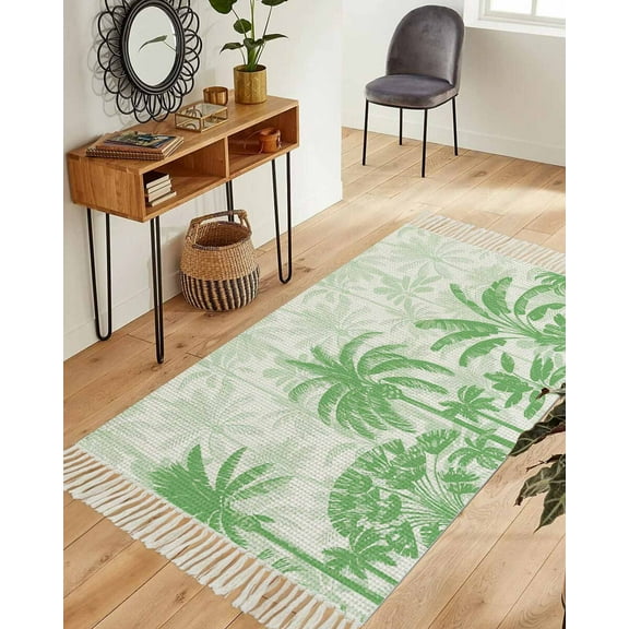 Palm Trees Area Rug 3x5ft Woven Runner Rug,Green Tropical Plants Summer Forest Scenery Washable Living Room Hallway Bedroom Kitchen Carpet with Tassels,Indoor Outdoor Throw Door Mat for Entryway