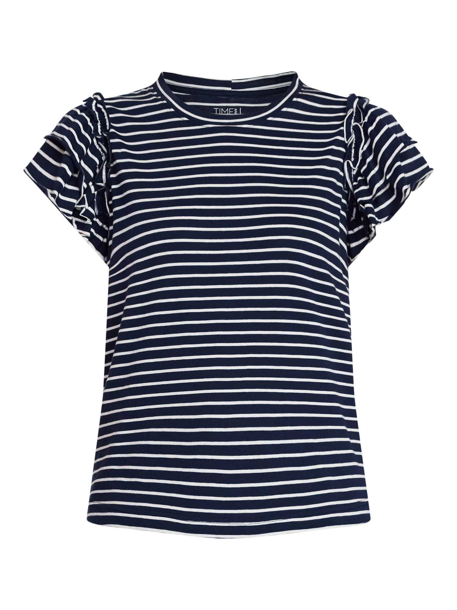 Time and Tru Women's Cotton Crewneck Tee with Ruffle Flutter Sleeves, Sizes XS-XXXL