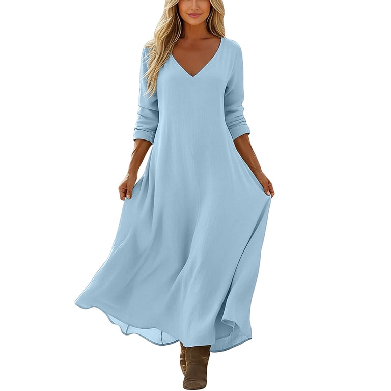 long comfortable dresses Xujwpncy Maxi Dresses for Women V Neck Long Sleeve Summer Dresses A Line Comfortable Dress Ladies Lounge Soft Clothes, Women's, Size: Small