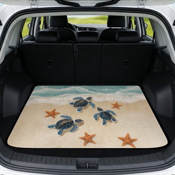 COEQINE Universal Car Trunk Mat All Weather Cargo Liner Floor Mat with Non-Slip Backing Scratch-proof Pet Cargo Mat Suitable for Most Car Models, Vintage Sea Turtle Starfish Beach