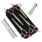 GEMEK Dog Grooming Scissors Set, 4CR Stainless Steel Safety Round Tip Pet Professional Grooming Tool 5 Pieces Kit - Straight, Curved, Thinning Shears & Comb for Dogs, Cats and Other Animals