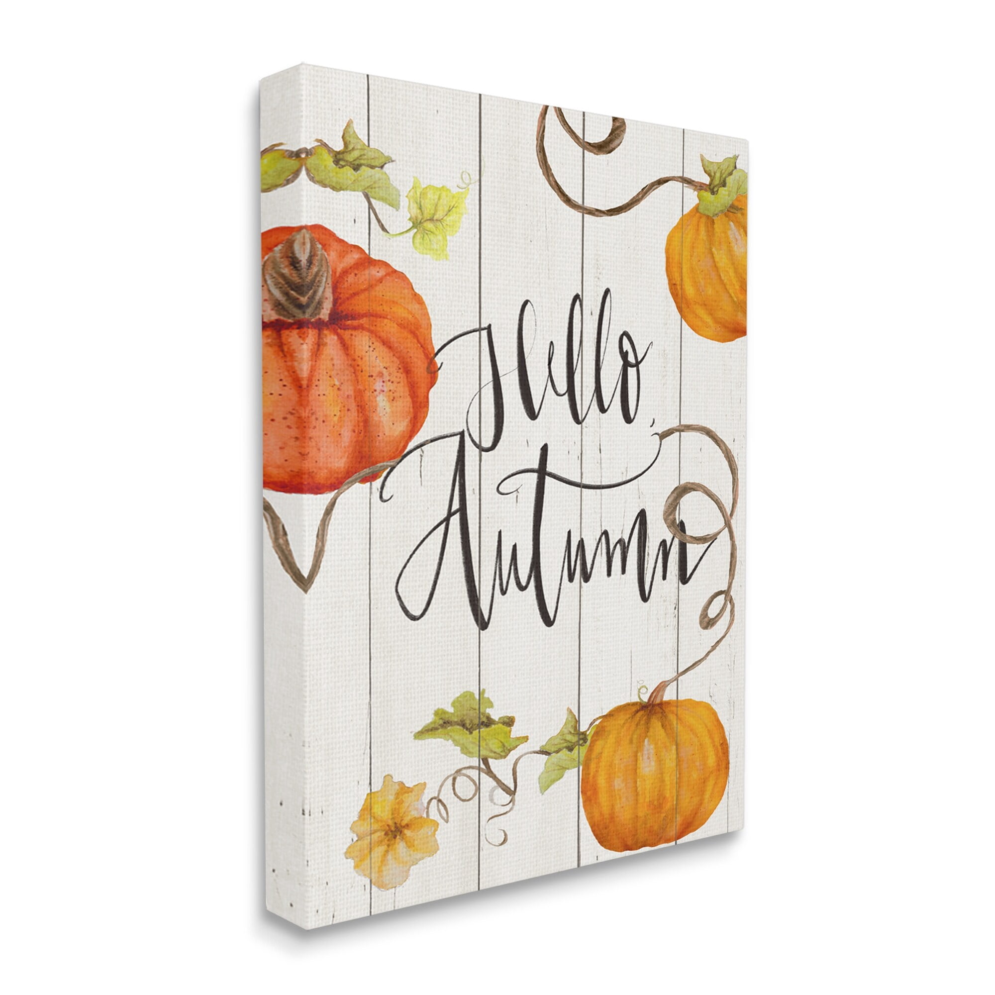 Hello Autumn Calligraphy Sign Rustic Pumpkin Vines Inspirational Graphic Art Gallery-Wrapped Canvas Print Wall Art