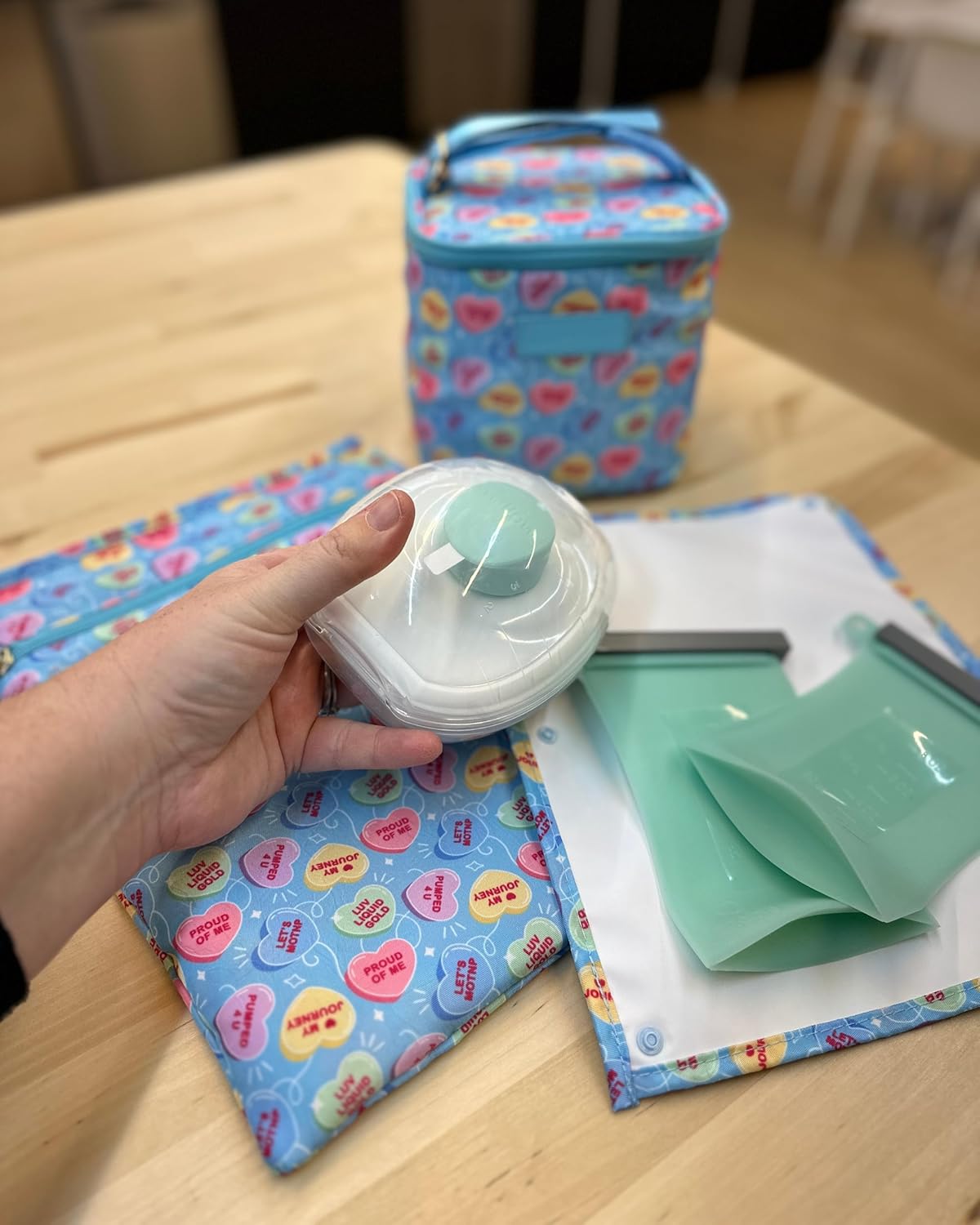 Sarah Wells Cold Gold Breast Milk Cooler Bag with Ice Pack, Insulated Storage for Bottles & Pump Parts, Washable(Candy Conversation Hearts)