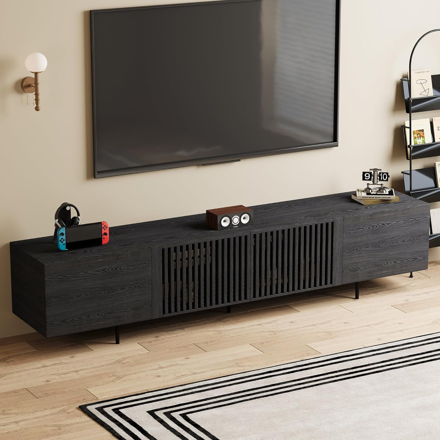 Mid Century Modern Black TV Stand for 80 Inch and Larger TVs, 94.48" Media Console with Solid Wood Slatted Doors, Metal Base, Stylish Entertainment Center for Living Room or Bedroom