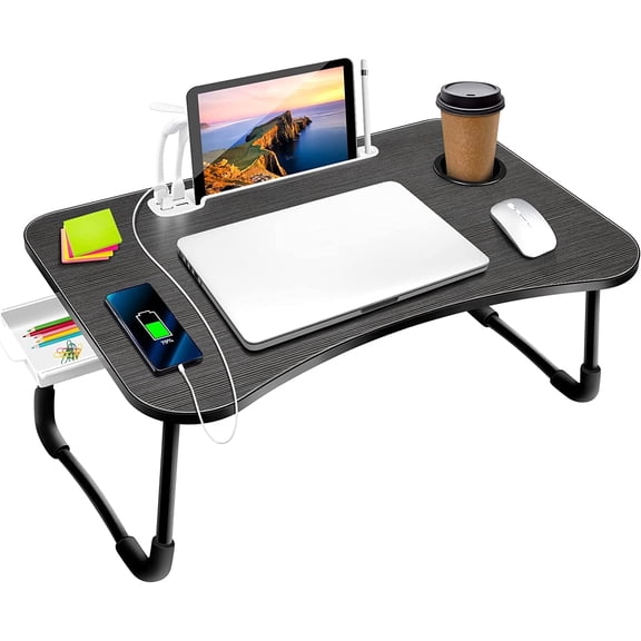 Laptop Bed Desk,Portable Foldable Laptop Lap Desk Tray Table with USB Charge Port/Cup Holder/Storage Drawer,for Bed/Couch/Sofa Working, Reading
