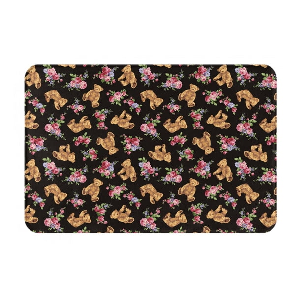 Balery Rose Flower Bear Felpudo de franela, resistente a las manchas y a la decoloración, para uso interior y exterior, fácil de limpiar, 40 x 60 cm